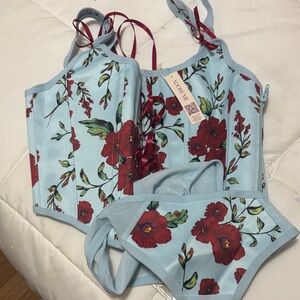 Adore Me Blue and Red Floral Intimates Set
